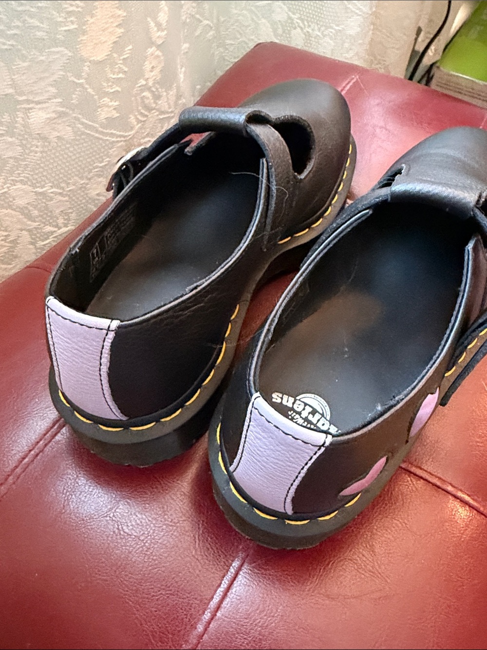 Dr. Martens Black Mary Jane Shoes with Yellow Stitching and Pink Heart Accent - Picture 8 of 8